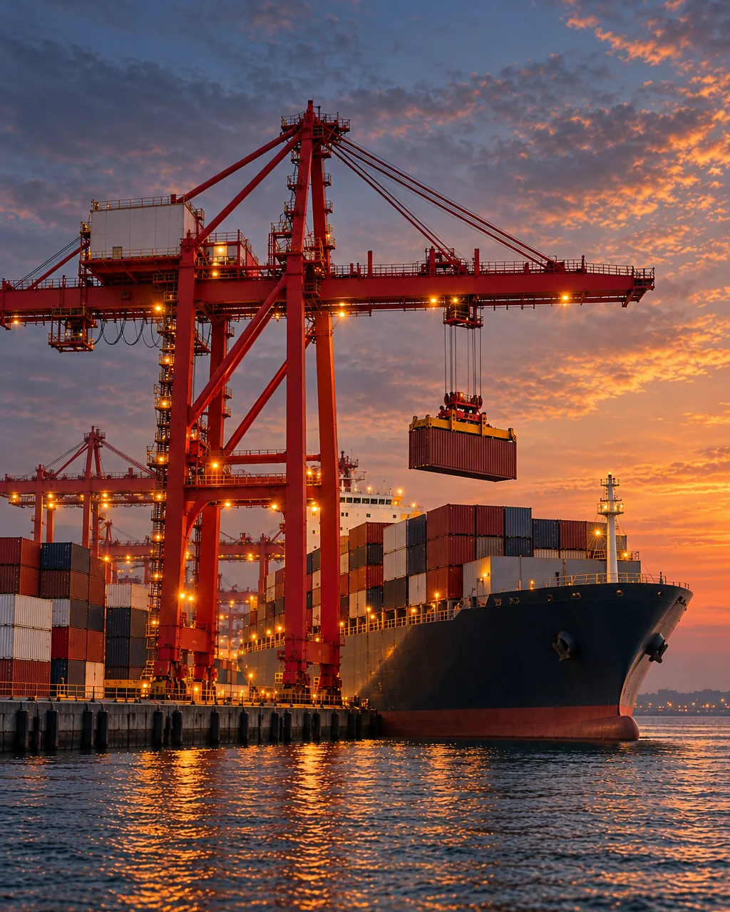 Red gantry cranes loading a container ship at a port in Shanghai at dusk