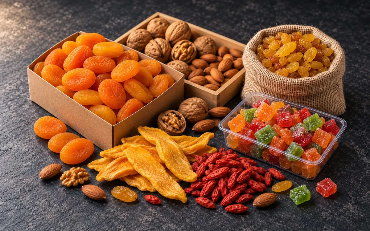 Warehouse aisle with pallets of nuts, dried fruit, rice and noodles